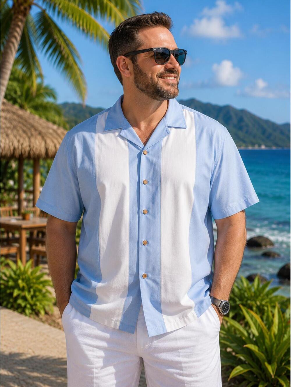 Royaura Blue and White Vertical Stripe Short Sleeve Button-Up Resort Shirt